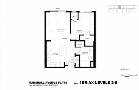 Floor plan for 1 bed, 1 bath, 607 sqft